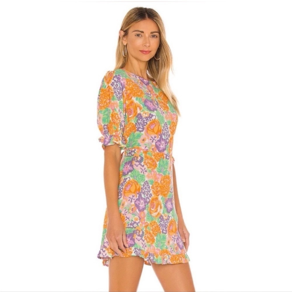 Faithful The Brand Daphne Dress Ade Floral Orange Purple Short Sleeve Flutter - Picture 10 of 11